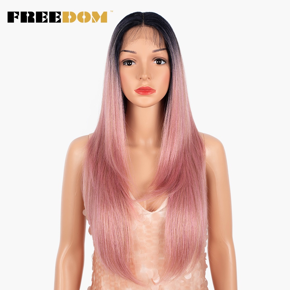 Freedom วิกผมสังเคราะห์ ลูกไม้ 26 นิ้ว ยาวตรง วิกผมหน้า Ombre สีชมพูบลอนด์ สําหรับผู้หญิง สีดํา วิกผมคอสเพลย์