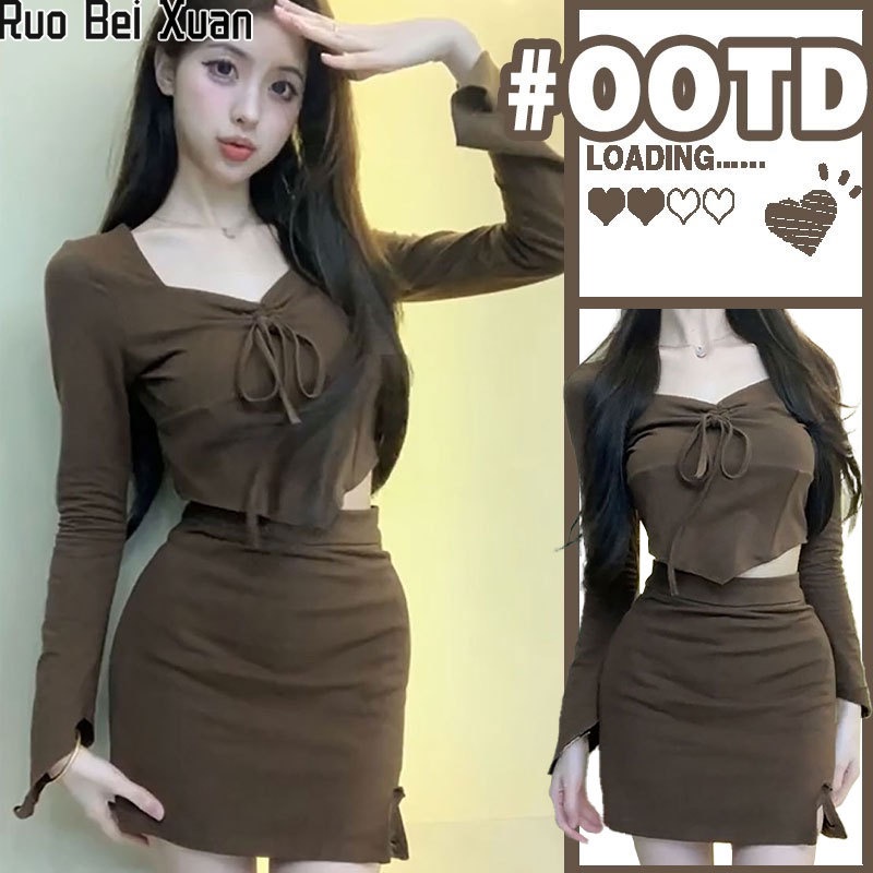 Ruo Bei Xuan ชุดเสื้อแขนยาว กระโปรงสั้น สองชิ้น สําหรับผู้หญิง