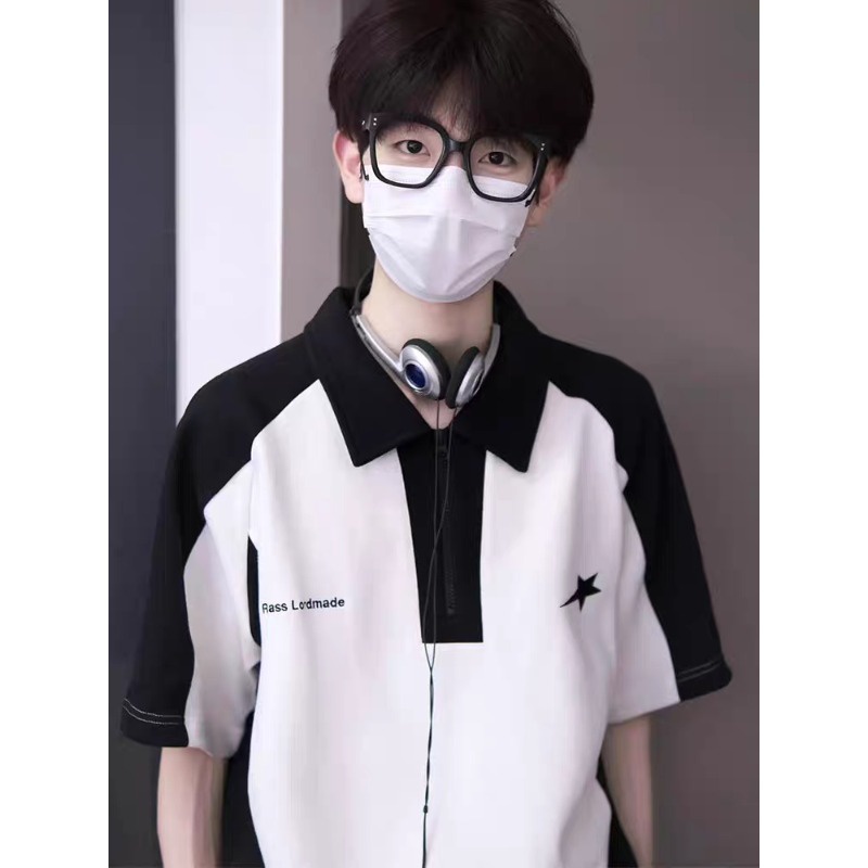 ผู้ชายเสื้อโปโลคมชัดสีเย็บสั้น-แขนย้อนยุคอเมริกันฤดูร้อนปกสไตล์วิทยาลัยหนักคู่ด้านบน
