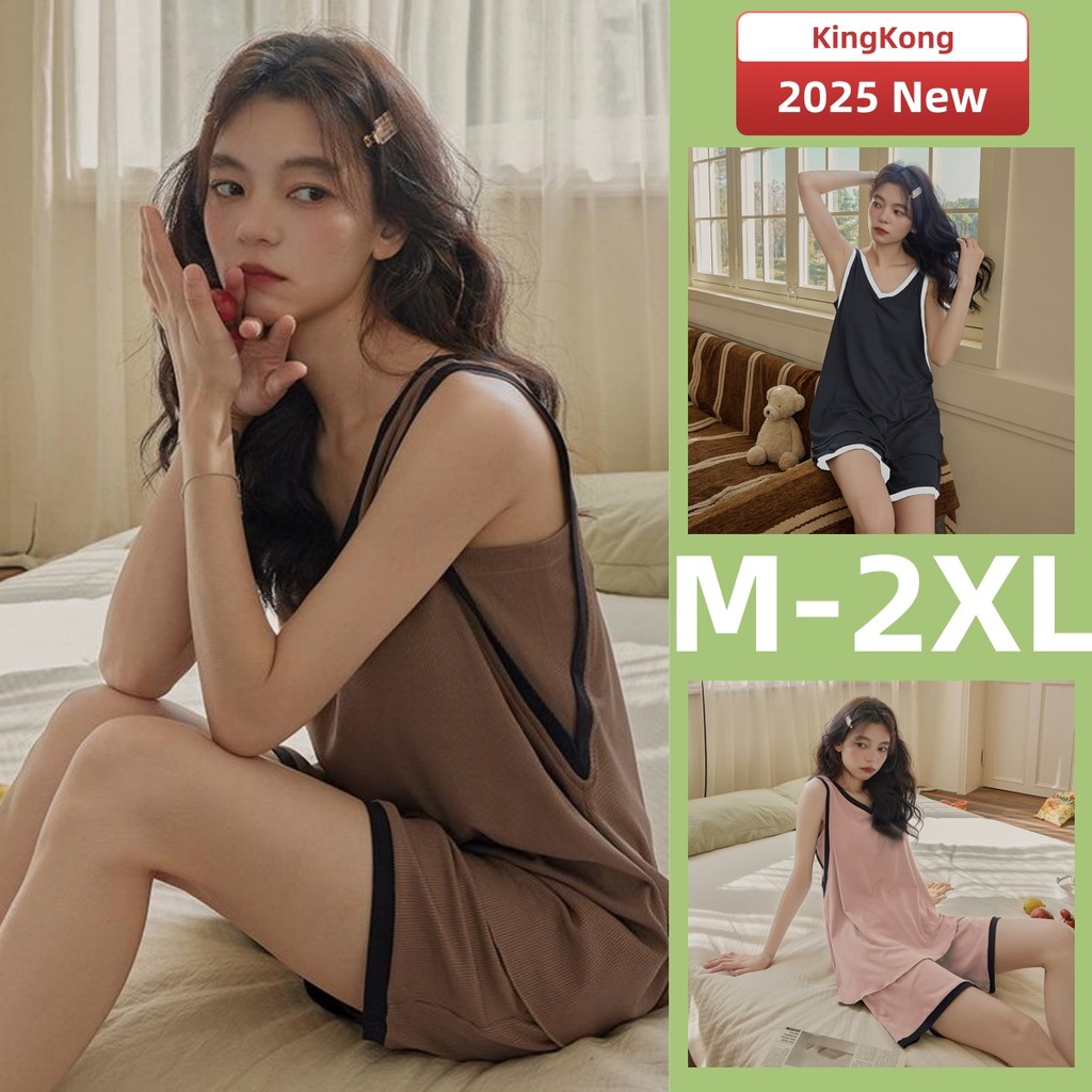 ชุดนอนผู้หญิง Chinos เบาะแขนกุด สีทึบ บาง Loungewear M-2XL