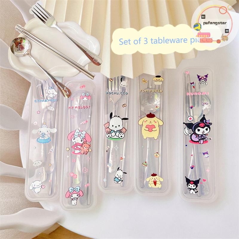 Pufangstar Sanrio ช้อนส้อมตะเกียบ 3 ชิ้นชุดน่ารัก Kuromi Pompompurin Hello Kitty สแตนเลสเด็กบนโต๊ะอาหารอุปกรณ์ครัว TH