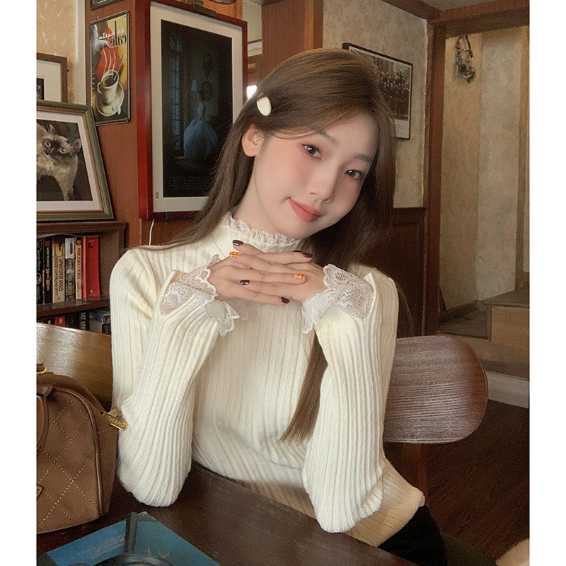 ครึ่งคอเต่าลูกไม้เย็บ จุดต่ําสุด เสื้อผู้หญิงอารมณ์ทุกการแข่งขันรูปแบบใหม่ถักด้านบน