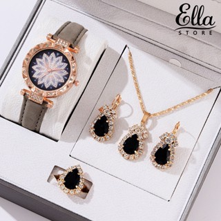 Ellastore123 ชุดเครื่องประดับนาฬิกาข้อมือควอตซ์ สายหนังเทียม รูปหยดน้ํา หรูหรา สําหรับผู้หญิง 1 ชุด