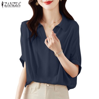 Zanzea เสื้อเบลาส์ คอวี แขนครึ่ง วันพีช สีพื้น สไตล์เกาหลี สําหรับผู้หญิง