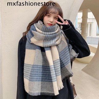 Mxfashione ผ้าพันคอ ผ้าแคชเมียร์เทียม แบบหนา ลายทาง ให้ความอบอุ่น แฟชั่นฤดูหนาว สําหรับผู้หญิง