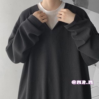 เสื้อแขนยาวลําลอง คอวี แบบเย็บติดกัน สองชิ้น แฟชั่นฤดูใบไม้ร่วง สําหรับผู้ชาย