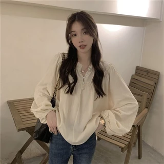 Bh เสื้อเบลาส์ แขนยาว คอกลม ทรงหลวม สไตล์วินเทจ สําหรับผู้หญิง