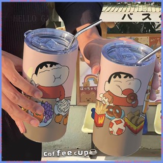 🥤Animation Peripheral Limited Water Cup🥤 กระติกน้ําร้อน สเตนเลส แบบพกพา ลายชินจัง พร้อมหลอดดูด สําหรับออฟฟิศ