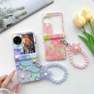 เคสโทรศัพท์มือถือ ฝาพับ กันกระแทก ลายภาพวาดสีน้ํามัน รูปดอกไม้ สีชมพู พร้อมสร้อยข้อมือ สําหรับ OPPO Find N2 OPPO Find N3