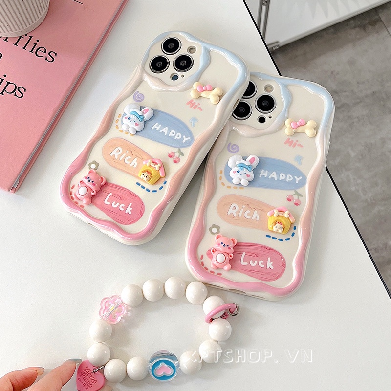 เคสโทรศัพท์มือถือนิ่ม กันกระแทก ป้องกันกล้อง ขอบหยัก ลายกระต่าย หมีสีชมพู สําหรับ iPhone 15 Pro Max 14 13 12 11 Pro Max