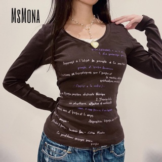 Msmona ใหม่ เสื้อยืดลําลอง แขนยาว เข้ารูป พิมพ์ลาย สไตล์วินเทจ เซ็กซี่ แฟชั่นสําหรับสตรี 2023