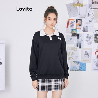 Lovito เสื้อสเวตเตอร์ กระดุมหน้า สีพื้น คัลเลอร์บล็อก สไตล์เพร็พพี่ สำหรับผู้หญิง L59ED072 (สีกรมท่า)