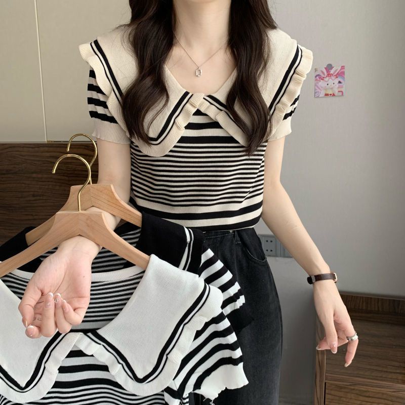 Design Sense Niche เสื้อยืดแขนสั้น คอตุ๊กตา ผ้าถัก ลายทาง สไตล์อเมริกันวินเทจ แฟชั่นฤดูร้อน สําหรับผู้หญิง