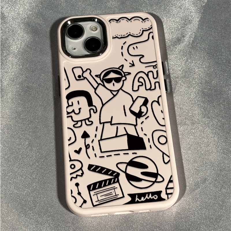 เคสโทรศัพท์มือถือ ซิลิโคนนุ่ม กันกระแทก ลายกราฟฟิตี้ เด็กผู้หญิง ปุ่มโลหะ สําหรับ IPhone 15 14 13 12 11 Pro Max XS X XR 8 + 7 Plus