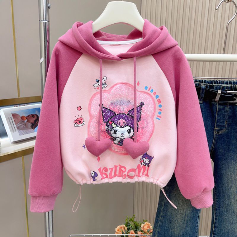 สาวเสื ้ อกันหนาวฤดูใบไม ้ ร ่ วงสไตล ์ ใหม ่ ฤดูหนาวขนแกะซับเสื ้ อกันหนาว Kuromi Hooded เสื ้ อกันหนาวการ ์ ตูน Hooded Sweatshirt
