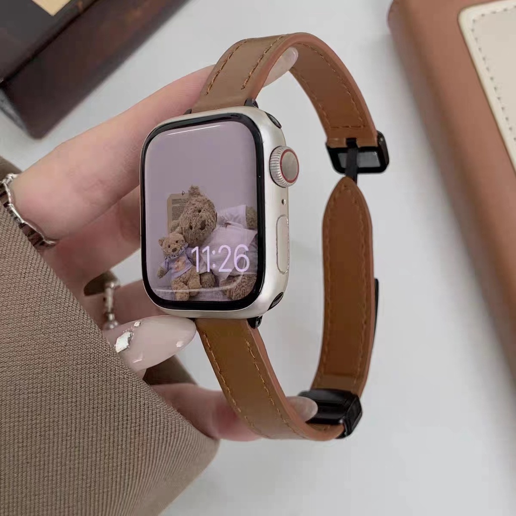 สายนาฬิกาข้อมือหนัง หัวเข็มขัดแม่เหล็ก สําหรับ Apple Watch Band 9 8 7 SE 6 5 4 3 2 Ultra 40 มม. iwatch 41 มม. 42 มม. 45 มม. 44 มม. 49 มม. 38 มม.