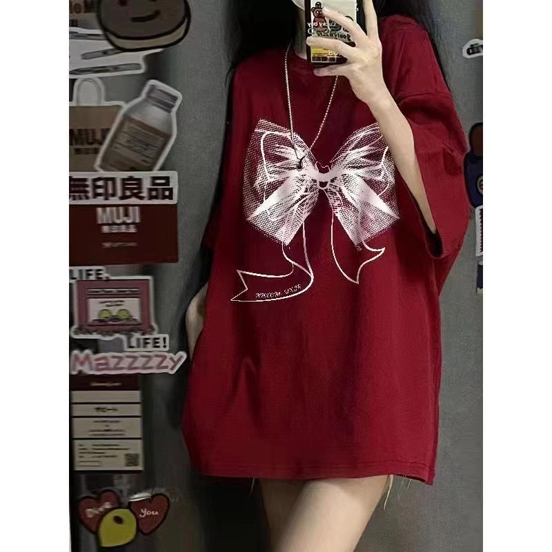 ใหม่ เสื้อยืดแขนสั้น ทรงหลวม พิมพ์ลายผีเสื้อ สีไวน์แดง สไตล์ฮิปฮอป แฟชั่นฤดูร้อน 2023 M-3XL