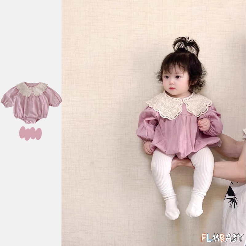 ชุดบอดี้สูท รอมเปอร์ แขนยาว ลูกไม้ สําหรับเด็กทารกผู้หญิง 0-24 เดือน