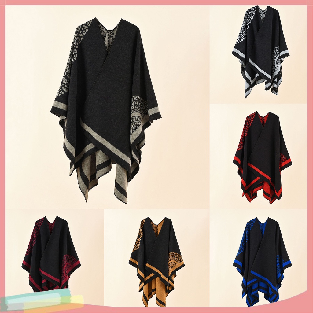 [LK] เสื้อคลุมปอนโช แบบหนา ปะติดปะต่อกัน ผ้าแคชเมียร์เทียม สัมผัสนุ่ม ผู้หญิง เสื้อคลุม สําหรับอากาศหนาว