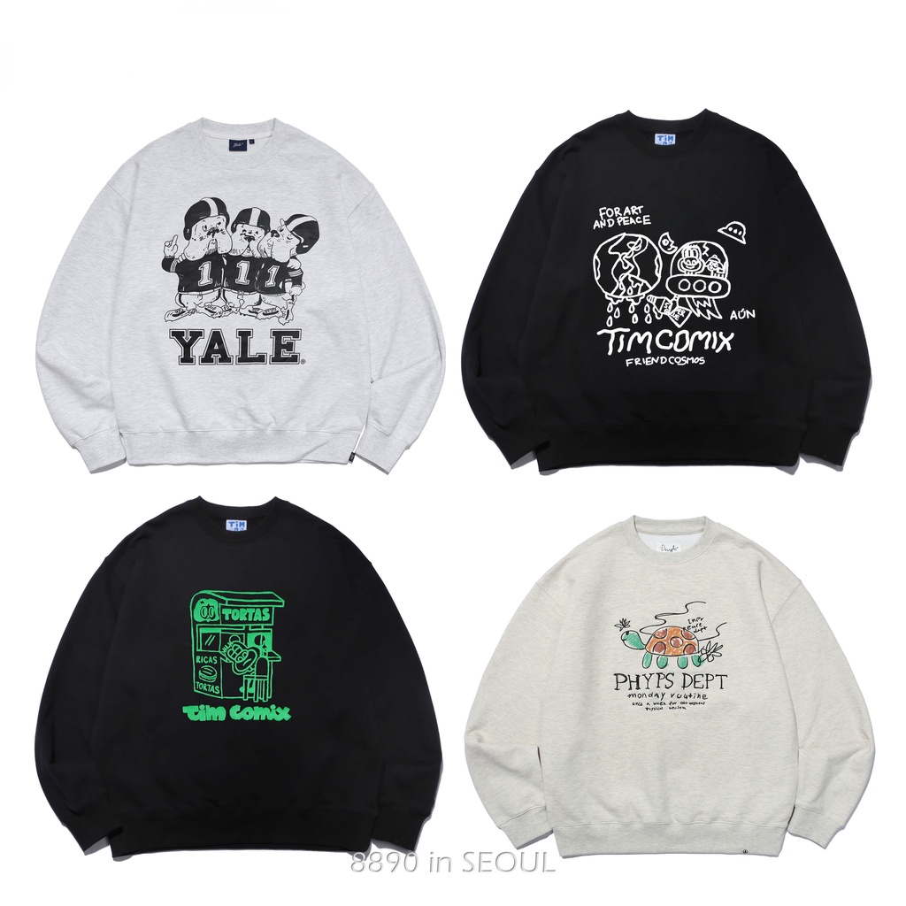 Yale/phyps เสื้อกันหนาวการ์ตูนพิมพ์หลวม Commuter ผ้าฝ้ายแท้ All-Match แขนยาวผู้ชายผู้หญิงสไตล์ Contr