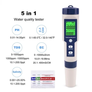 ครื่องวัดคุณภาพน้ำ 5 in 1 EC TDS PH SALT TEMP meter เครื่องวัด ph ในน้ํา วัดความเค็ม วัดเกลือเจือจาง วัดความเค็มน้ำประปา