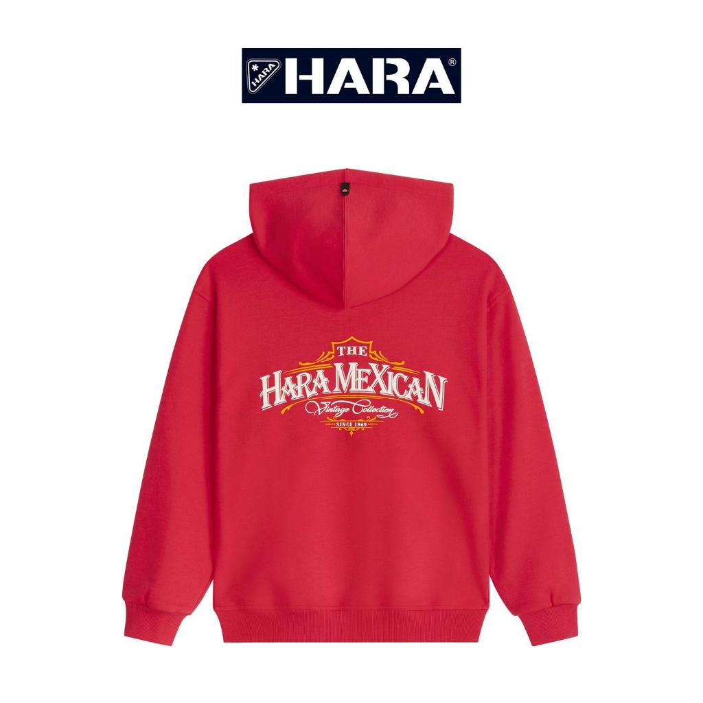 [ส่งฟรี] Hara ฮาร่า ของแท้ เสื้อกันหนาวฮู้ดดี้ Mexican style สีแดง ซิปหน้า สกรีนลาย Cotton 100% ผ้ายืด รุ่น MMTL-003429