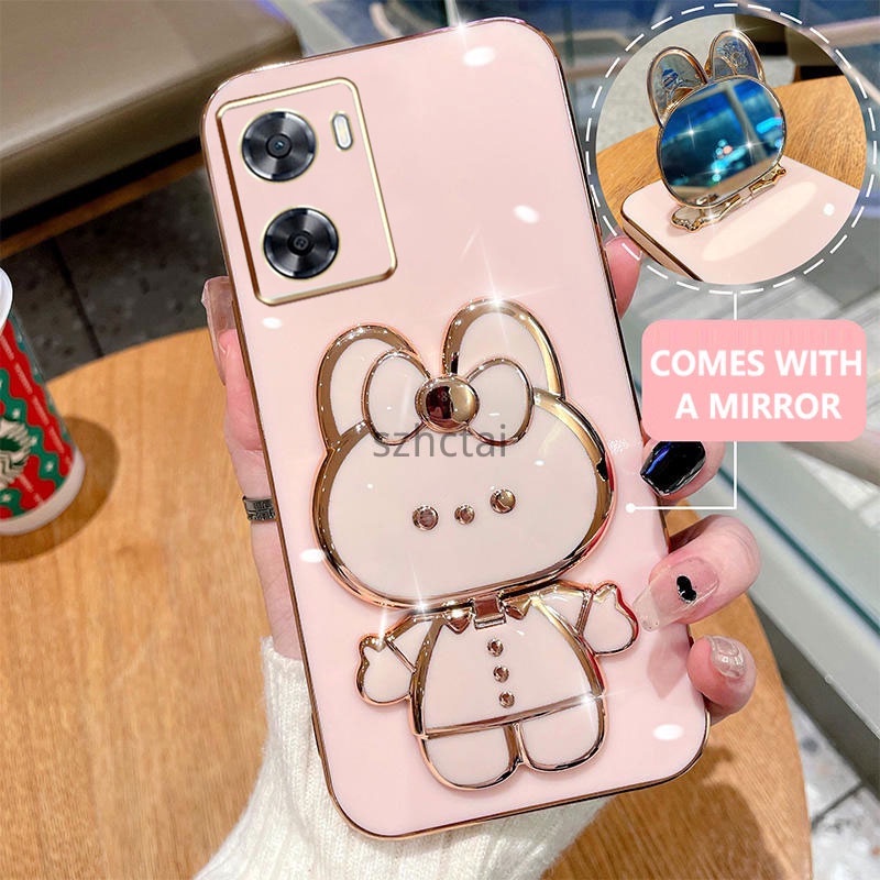 เคสโทรศัพท์ oppo a57 2022 a77s a77 a57e เคสโทรศัพท์เคสโทรศัพท์พร้อมที่วางกระต่ายน่ารักกระจกในตัวยึด 