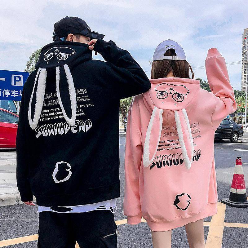 เสื้อกันหนาว มีฮู้ด ผ้าฟลีซ แต่งหูกระต่ายน่ารัก ทรงหลวม สําหรับผู้หญิง