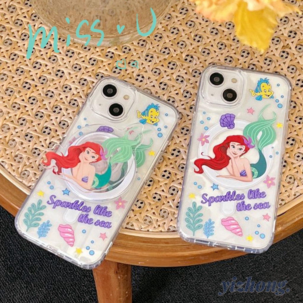 เคสโทรศัพท์มือถืออะคริลิค TPU กันรอยขีดข่วน ลายเจ้าหญิงนางเงือก แอเรียล พร้อมขาตั้งแม่เหล็ก สําหรับ iPhone 15 14 Pro Max 11 13 12Pro