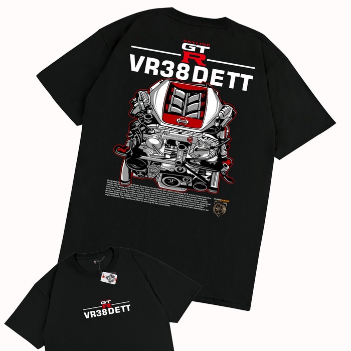 เสื้อยืดพิมพ์ลาย KARIMAKE  Mesin NISSAN SKYLINE R35 VR38 DETT Kaos Otomotif - V1 HITAM S-5XL