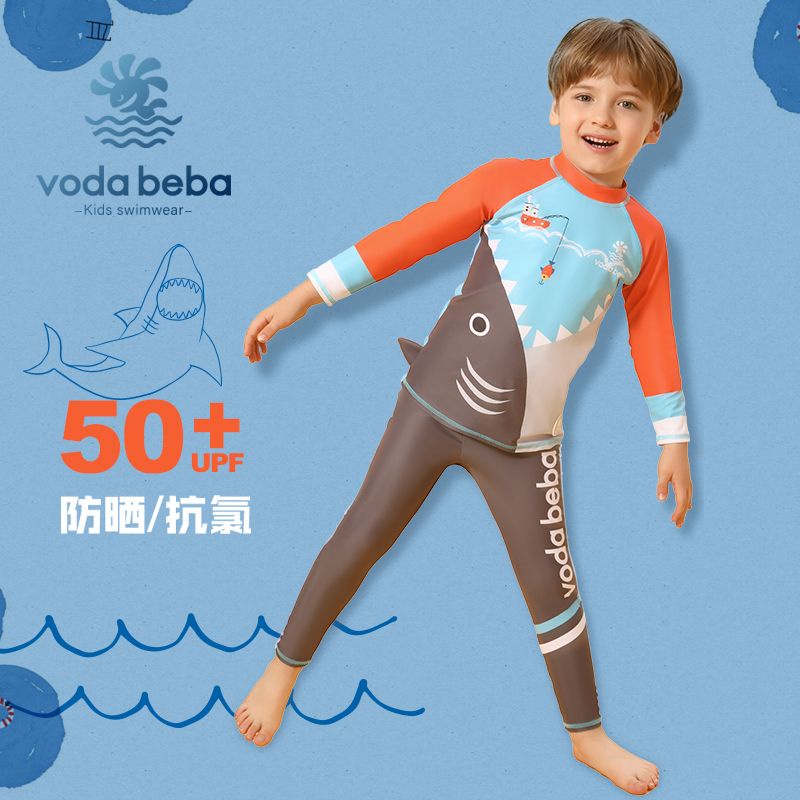 VODA BEBA ชุดว่ายน้ำเด็กผู้ชายเซตแขนยาว+ขายาว ลายใหม่ นื้อผ้ากันUV ชุดว่ายน้ำเด็ก ชุดว่ายน้ำเด็กชายกันรังสียูวี ลายฉลามสีส้มชุดไปทะเลเด็ก