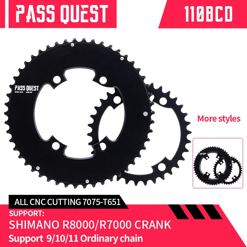 PASS QUEST-Sprocket AERO ชุดเพลาข้อเหวี่ยง Round Black, Road Bike, Gravel Bike, BCD110, R8000, R7000