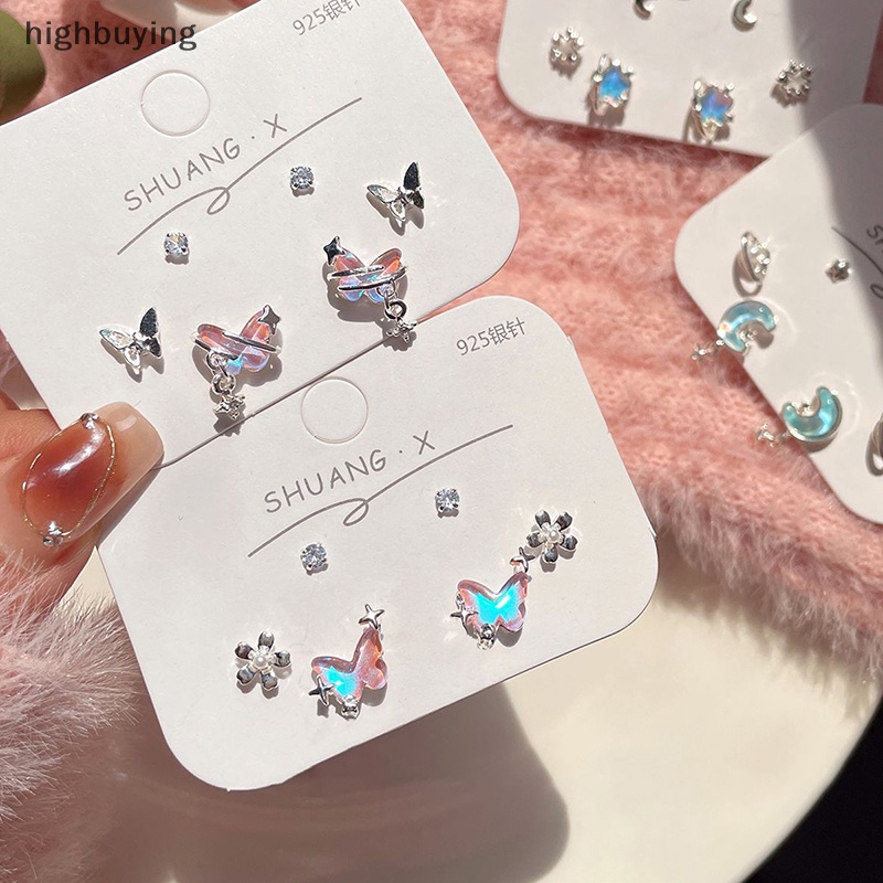[highbuying] ต่างหูสตั๊ด จี้รูปดาวห้าแฉก ดวงจันทร์ ผีเสื้อ ประดับคริสตัล หลากสี เครื่องประดับ สําหรับผู้หญิง 6 ชิ้น ต่อชุด