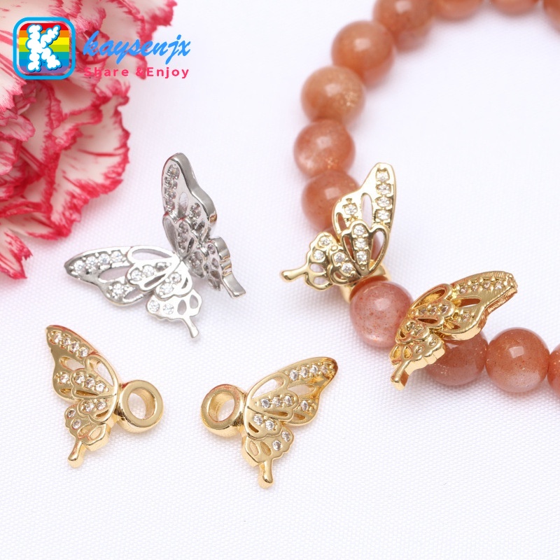 Kaysenjx ใหม่ ลูกปัดทองแดง 14K รูปปีกผีเสื้อ ประดับเพทาย เครื่องประดับแฮนด์เมด DIY 1 คู่