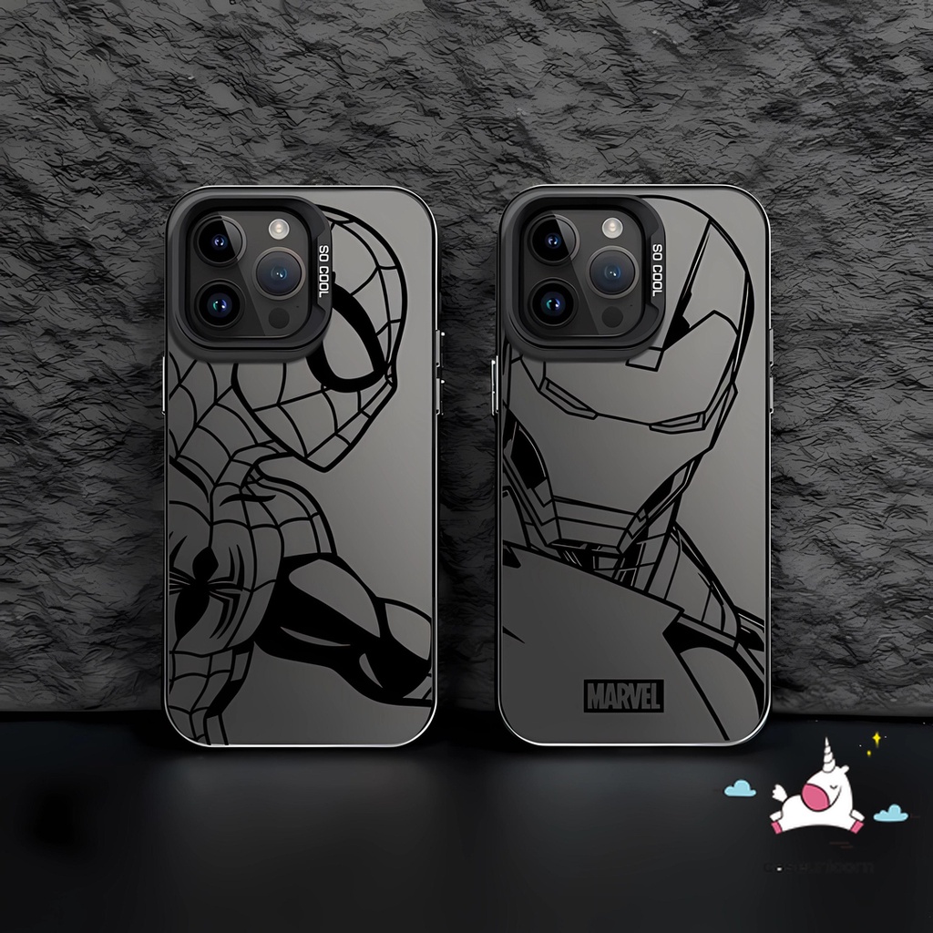 เคสโทรศัพท์มือถือคู่รัก แบบชุบโลหะ ลายการ์ตูนมาร์เวล สไปเดอร์แมน ไอรอนแมน หรูหรา สําหรับ IPhone 15 11 13 14 12 Pro Max 14 15 Plus XS Max XR X 11 Pro Max