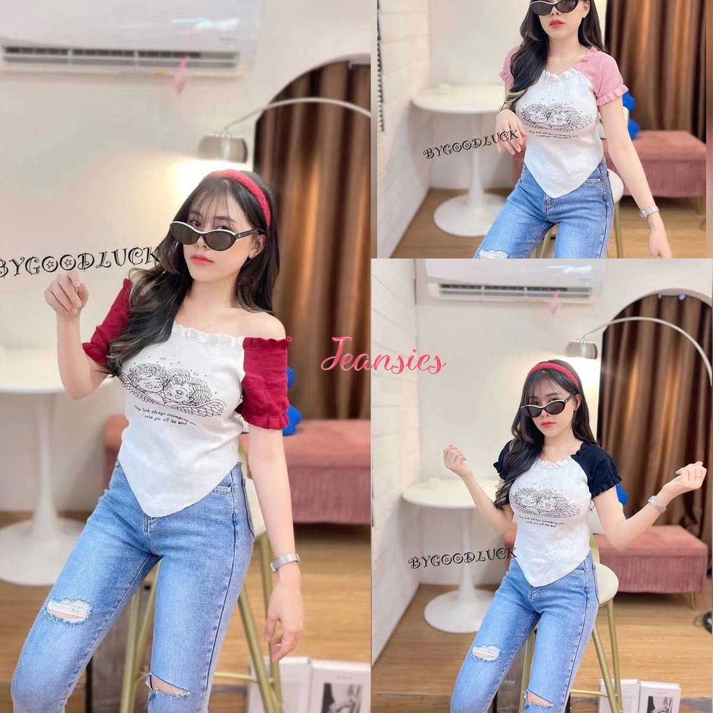 เสื้อสั้นสาวฮอตเข้ารูปฤดูร้อนแขนสั้น สีพื้นสไตล์เรียบง่าย