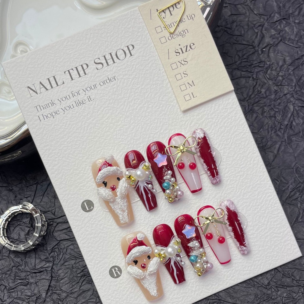 【HANDMADE】เล็บปลอม ลายคริสต์มาส ใช้ซ้ําได้ ถอดออกได้