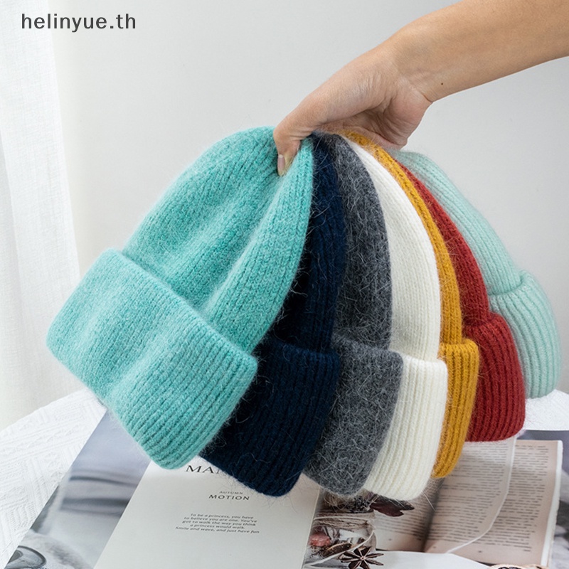 Helinyue หมวกบีนนี่ ผ้าถัก แบบหนา ยืดหยุ่น แต่งขนกระต่าย พับได้ สีพื้น แฟชั่นฤดูหนาว สําหรับผู้หญิง เล่นสกีกลางแจ้ง