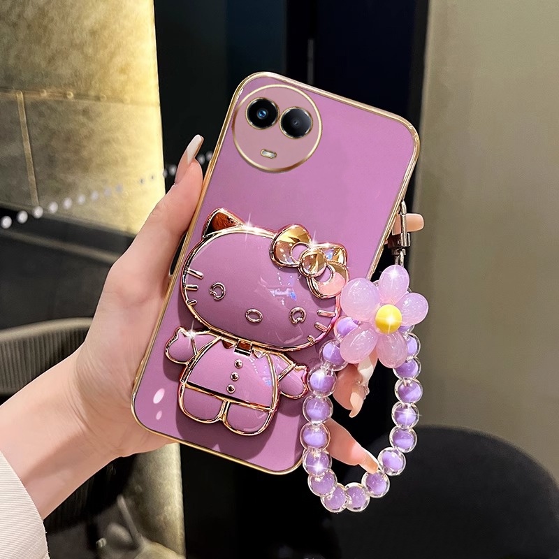 เคสโทรศัพท์มือถือ ซิลิโคนนิ่ม ทรงสี่เหลี่ยม ลายดอกไม้ กล้วยไม้ คิตตี้ พร้อมขาตั้ง ชุบไฟฟ้า หรูหรา สําหรับ OPPO Realme 11 Pro 5G 2023 Realme 11 Pro Plus Realme 11 5G