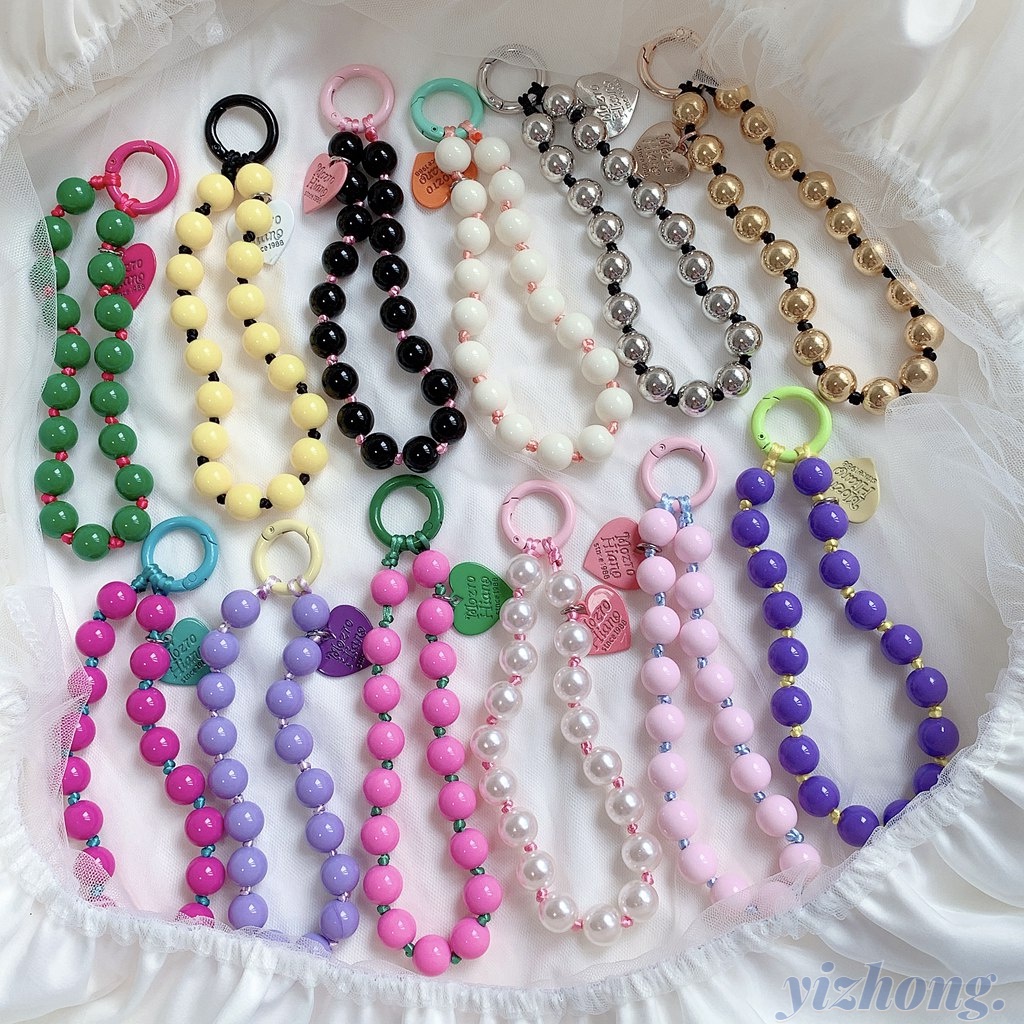 สายคล้องโทรศัพท์ คอนทราสต์ สีแคนดี้ หัวใจ ตกแต่ง ลูกปัดกลม ผู้หญิง แฟชั่น สายคล้องโทรศัพท์มือถือ ไร้สาย บลูทูธ หูฟัง ฝาครอบ พวงกุญแจ กระเป๋า จี้ อุปกรณ์ตกแต่ง