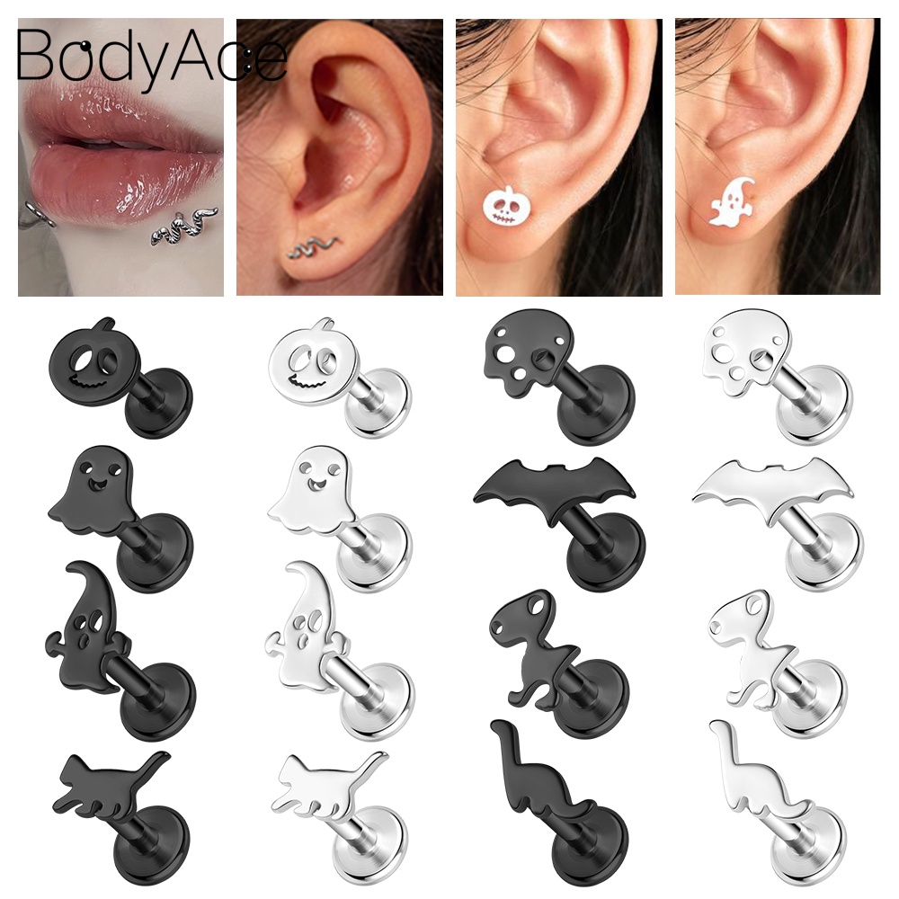 Bodyace ต่างหูสตั๊ด สเตนเลส รูปงู เอลฟ์ สไตล์พังก์ โกธิค สีดํา 16 กรัม 1 ชิ้น
