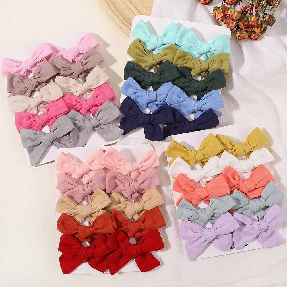 กิ๊บติดผม ผ้าฝ้าย ประดับโบว์ น่ารัก สีพื้น แฮนด์เมด สําหรับเด็ก 10 ชิ้น ต่อชุด