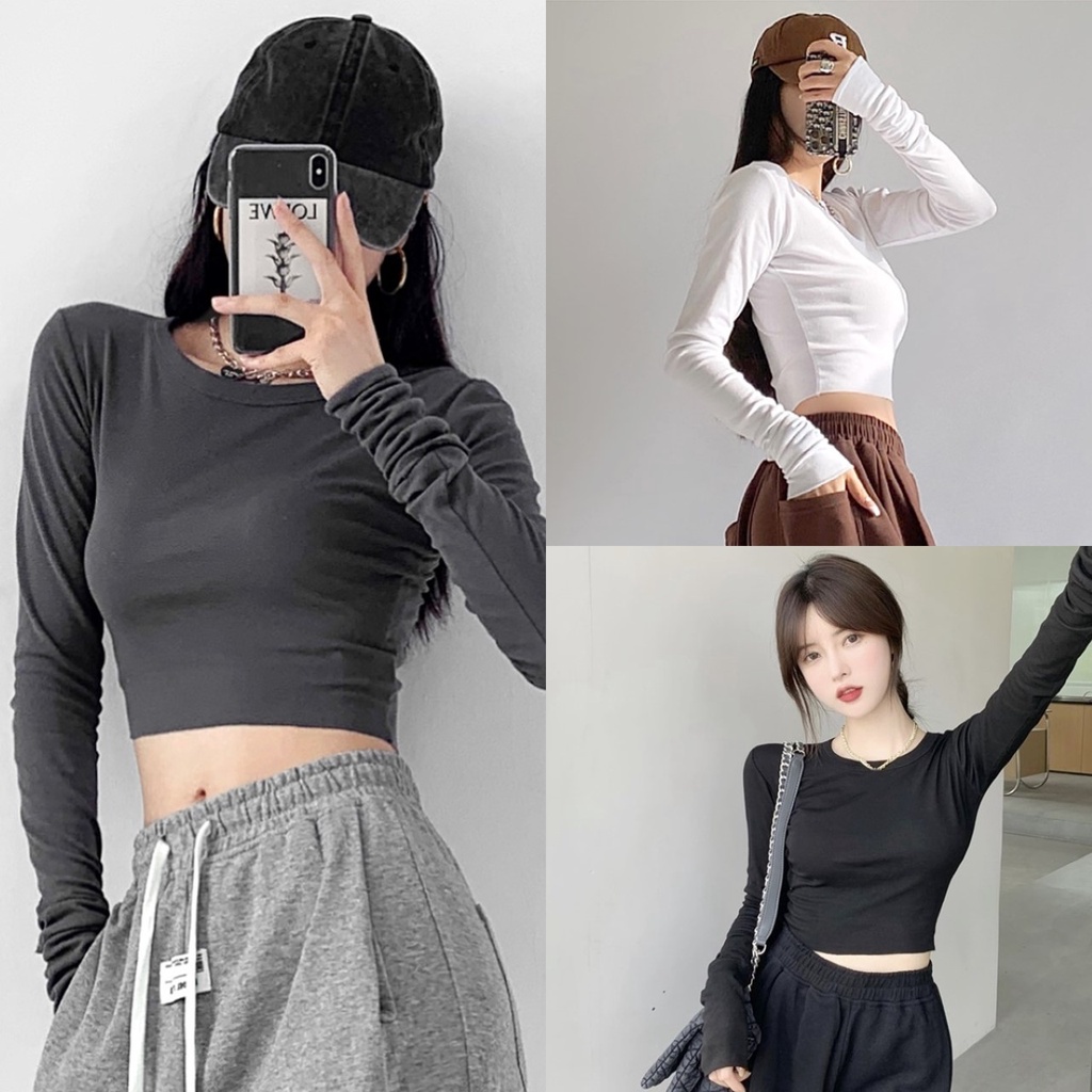 FC พร้อมส่ง เสื้อยืดวัยรุ่น แขนยาว รุ่นเย็บขอบ 3 สี คอกลม ทรงตัวสั้นครอป