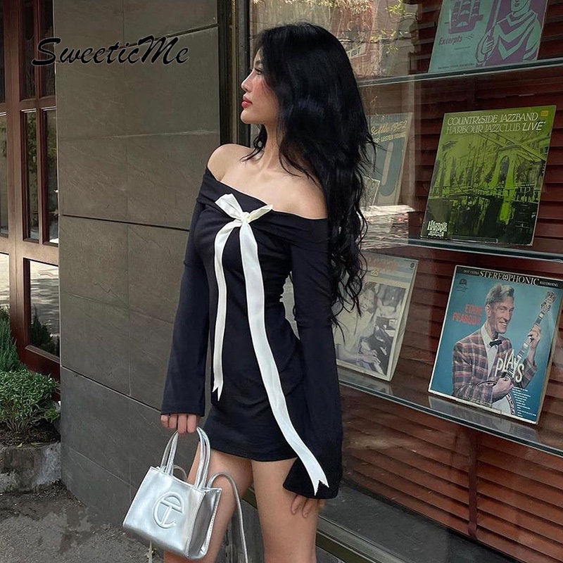 SweeticMe ชุดสตรีแฟชั่นใหม่สีตัดกันปิดไหล่แขนยาวชุดกุทัณฑ์ — صورة 4