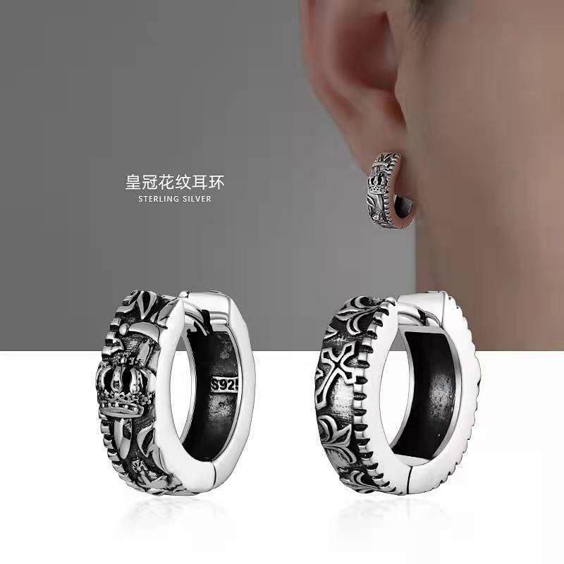 S925 Sterling Silver Earrings Men's Retro Cross Crown Handsome Ear Ring Single Personalized Trendy A