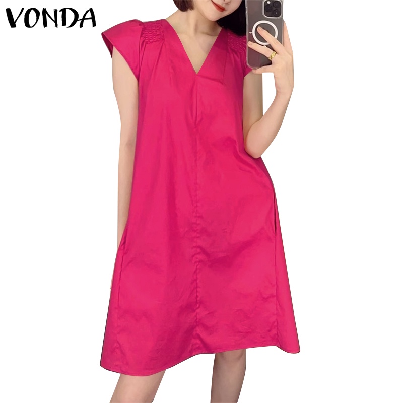 Vonda ชุดเดรส คอวี แขนสั้น ทรงเอ สีพื้น สไตล์เกาหลี สําหรับผู้หญิง