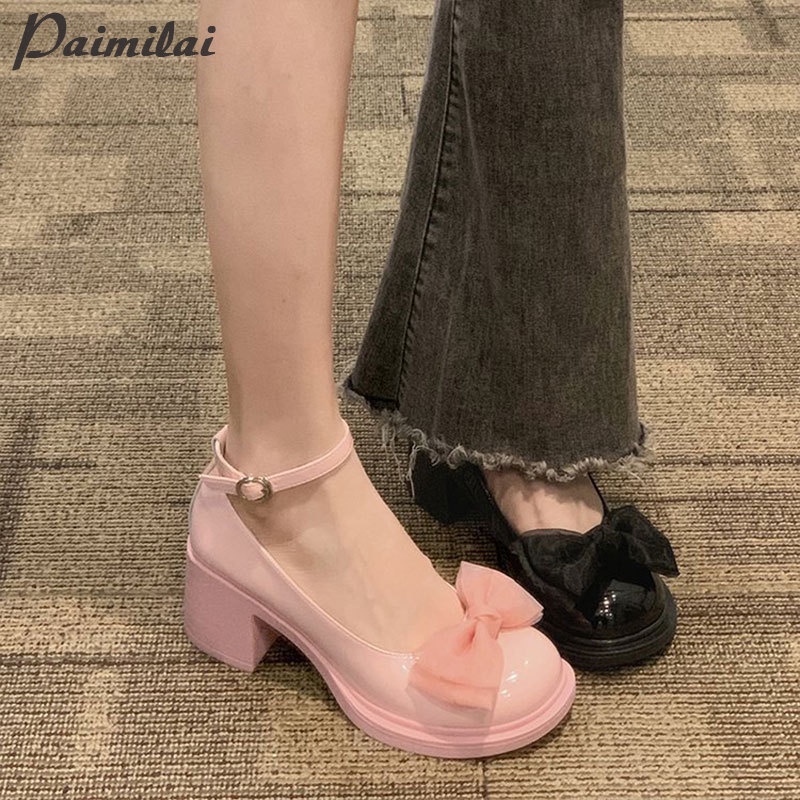 Paimilai รองเท้าส้นหนา หัวกลม ประดับโบว์ แฟชั่นสําหรับผู้หญิง