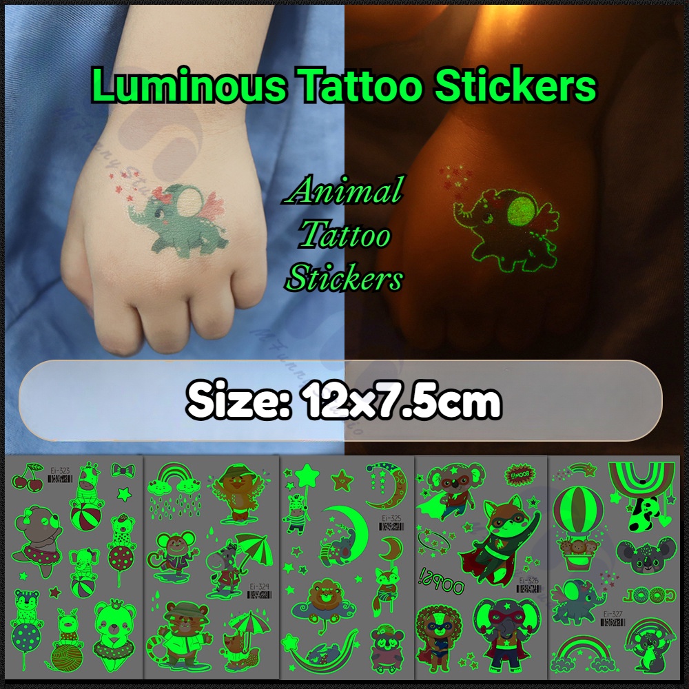 【MF Magic Tattoo】สติกเกอร์รอยสักชั่วคราว กันน้ํา ลายการ์ตูนสัตว์ เสือ สีฟ้าเรืองแสง 15 สี สําหรับเด็ก