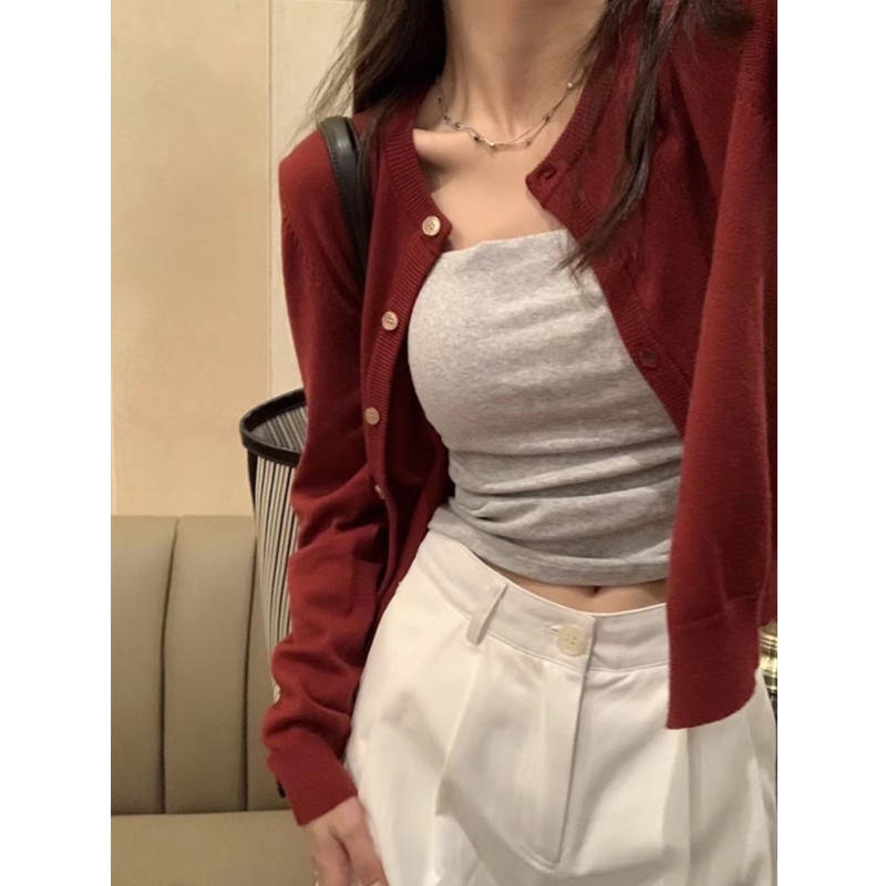 เสื้อคาร์ดิแกนแขนยาวลําลอง ผ้าถัก สีพื้น แฟชั่นฤดูใบไม้ร่วง สําหรับผู้หญิง 240116