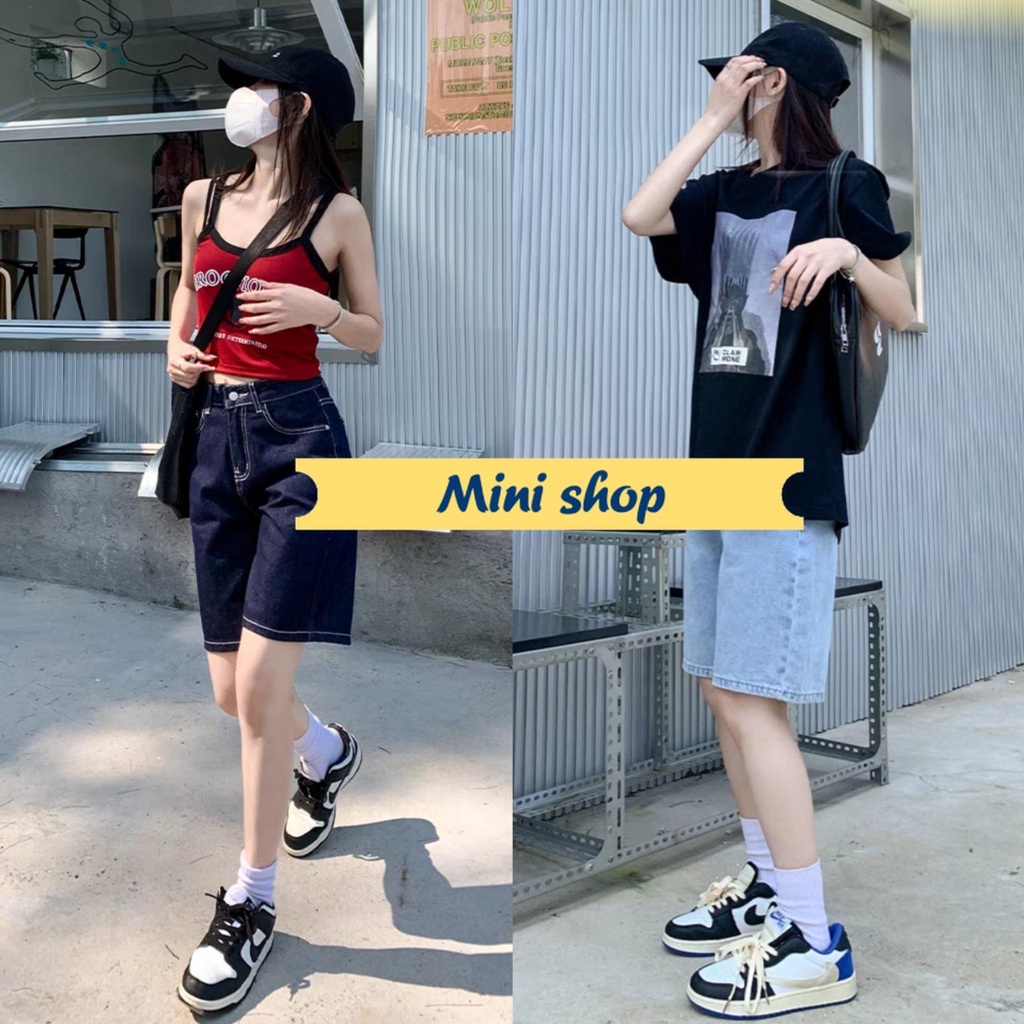 Mini shop🌸พร้อมส่ง🌸 (N8001) กางเกงยีนส์ทรง 3 ส่วน แนวสตรีท เอวกลางๆ  SMLXL